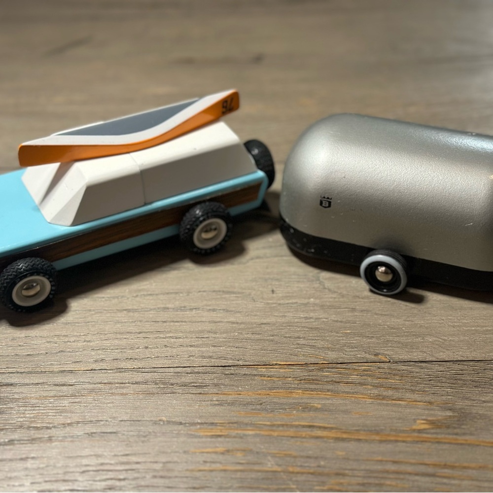 Candylab pioneer classic wood Car and airstream Trailer Set - Blue and Silver
